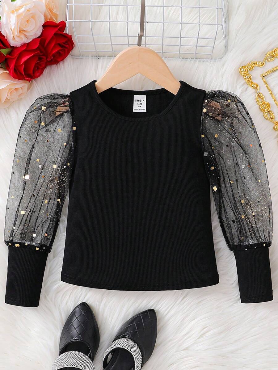 SHEIN Leap Crew Young Girls Fashion Party Knitted Crew Neck Mesh Contrast Long Sleeve Top, Girls Autumn Clothing Suitable For Party Wear, For Christmas - Black - View 1