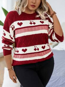 Calvaya Plus Size Women Heart Shape Print Crew Neck Long Sleeve Sweater - Red - View 6