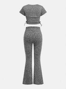SHEIN 2st Tween Girls Knit Wrinkle Long Sleeve T-Shirt & Flared Byx Set - Grå - Visa 2