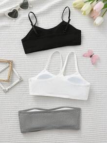 SHEIN 3 件/套 Tween Girl 简约舒适褶皱胸罩，配有可调节肩带、可拆卸垫运动休闲胸罩 - 彩色 - 查看 2