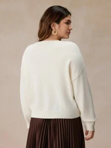 Elaquor Suéter elegante de talla grande con decoración floral 3D y cuello en V, informal para uso diario, otoño/invierno