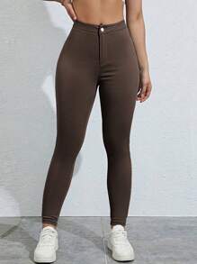 SHEIN Unity 女士纯色高腰紧身休闲裤 - 咖啡棕 - 查看 1