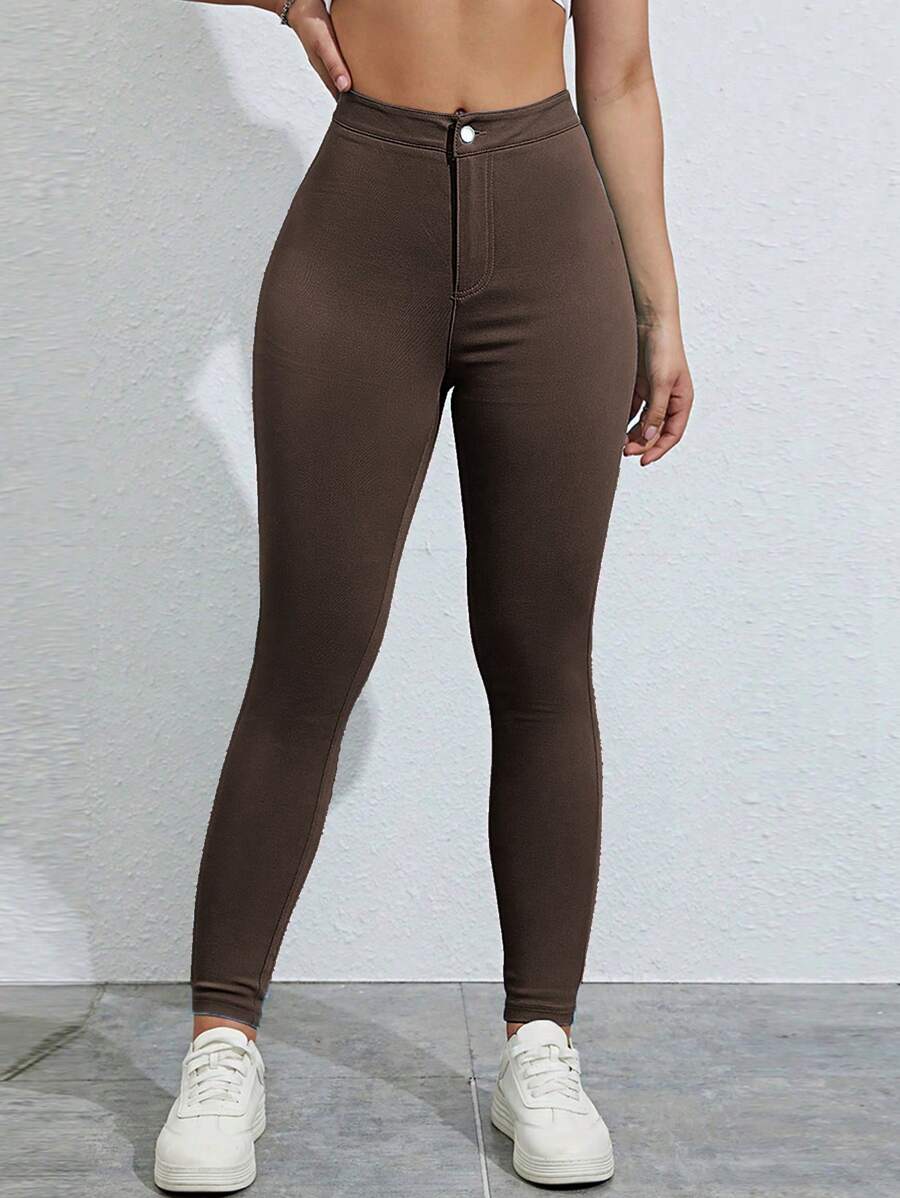 SHEIN Unity 女士纯色高腰紧身休闲裤 - 咖啡棕 - 查看 1