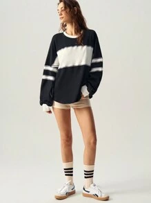 Bohemela Áo nỉ thể thao giản dị cổ tròn tay dài dáng rộng màu khối cho nữ - Đen và trắng - Xem 8