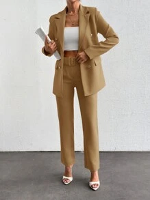 SHEIN Traje De Mujer Con Blazer De Doble Botonadura Y Pantalones De Nueve Puntos