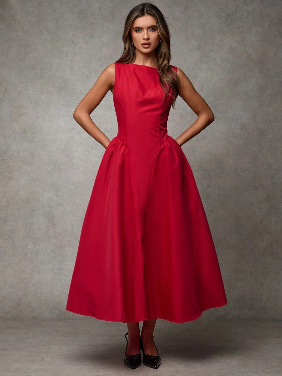 SHEIN BAE 女式复古酒红色无袖连衣裙，紧身腰部，适合约会、派对、返校 冬季女装 感恩节女装 冬季装 圣诞女装 圣诞女装 - 紅色 - 查看 1