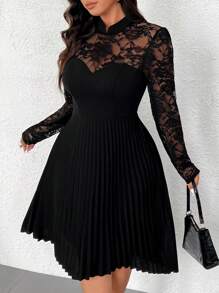 Vionelle 优雅浪漫蕾丝褶皱长袖加大码连衣裙