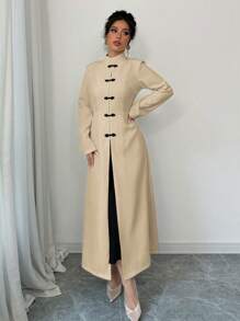 Chiquease Women French Button Long Coat/Jacket - Khaki - View 4