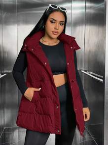 SHEIN EZwear 冬季大码纯色束腰连帽无袖棉服外套 - 酒紅色 - 查看 4