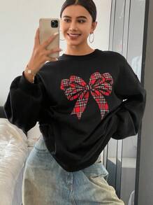 DAZY Women's Bowknot Burgundy Plaid Print Loose Sweatshirt