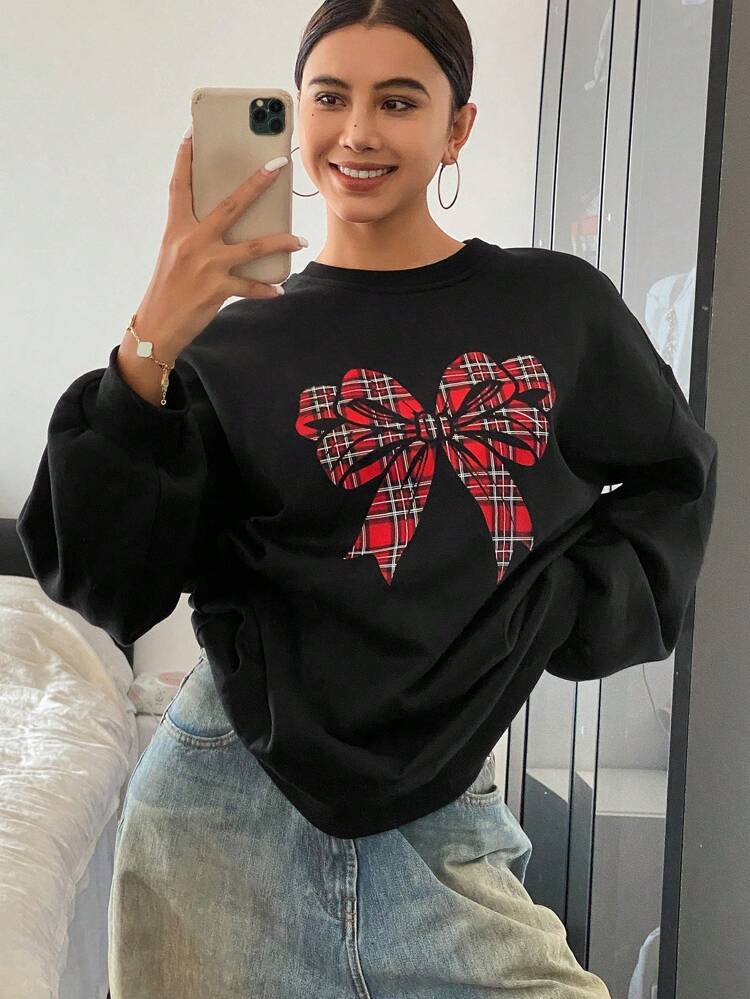 Women's Bowknot Burgundy Plaid Print Loose Sweatshirt Fall,Winter