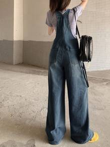 DAZY Women's Casual Washed Wide-Leg Denim Bib Overalls - Dark Wash - View 2