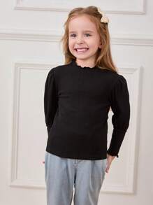 Cozy Pixies 女童纯色荷叶边羊腿袖针织毛衣，柔软面料，适合秋冬季穿着 - 黑色 - 查看 1