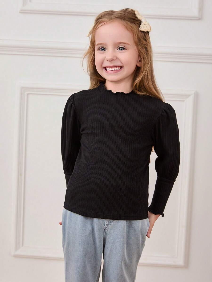 Cozy Pixies 女童纯色荷叶边羊腿袖针织毛衣，柔软面料，适合秋冬季穿着 - 黑色 - 查看 1