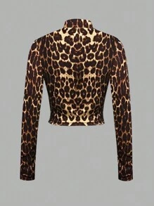 Slaydiva 简约休闲女式秋冬弹力豹纹 T 恤，半领拉链、V 领、紧身长袖 - E - 彩色 - 查看 2