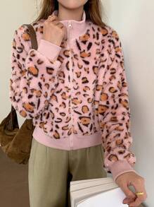 DAZY Women Casual Leopard Print Collar Fluffy Jacket, Autumn/Winter Cheetah Print - Pink - View 3