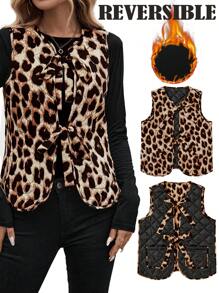 SHEIN LUNE Áo khoác gile độn bông họa tiết da báo 2 trong 1 dành cho nữ, trang phục công sở thường ngày cho giáo viên, trang phục mùa đông, Giáng sinh và Năm mới cho nữ. - Cà phê nâu - Xem 4