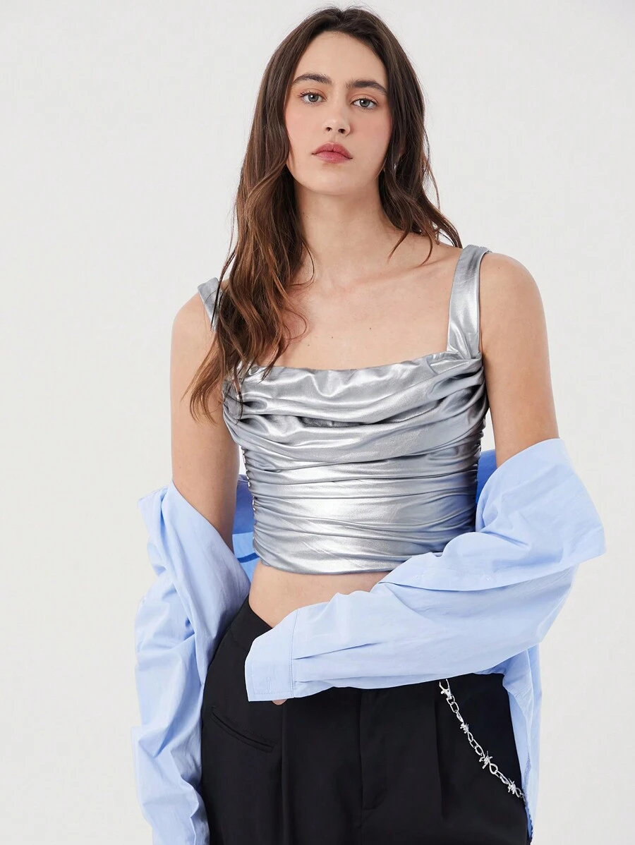 SHEIN EZwear Slim Fit Plissee-Camisole für Damen, silbernes Tank Top - Silber - Übersicht 1