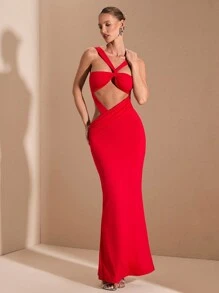 SHEIN BAE Váy dài dệt kim màu đỏ trơn gợi cảm thanh lịch đơn giản hở lưng khoét sâu, thích hợp cho tiệc tốt nghiệp, những dịp trang trọng, tiệc cocktail, hẹn hò lãng mạn, mặc nhiều lớp mùa thu/đông, tiệc tùng, hộp đêm, phù dâu cưới, đi chơi đêm, Halloween, Giáng sinh - Đỏ - Xem 5