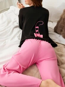 Ensemble de pyjama pour femme adorable avec détail nœud d'oreilles de lapin - Multicolore - Voir 2