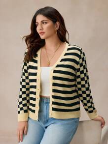 Elaquor Plus Size Women's Checkered Striped Casual Cardigan Sweater, Autumn/Winter - Multicolor - View 4
