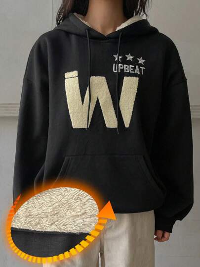 DAZY Sweat-shirt-shirt ample à doublure thermique pour femmes avec motif de broderie de lettres, doublure thermique pour l'automne et l'hiver, pyjama à doublure polaire