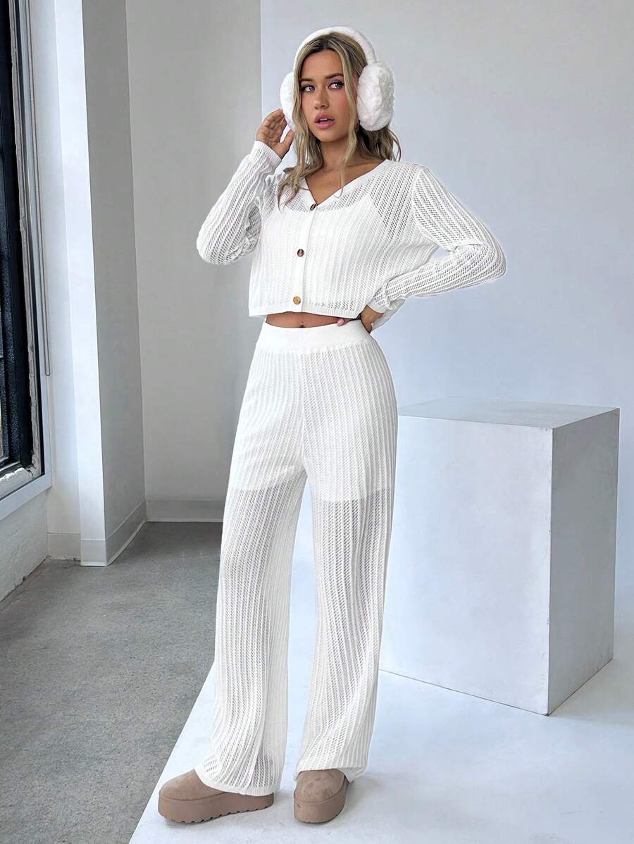 SHEIN EZwear 2 bộ đồ vest nữ tay dài cài nút phía trước đơn giản và quần âu mỏng trong suốt - trắng - Xem 1