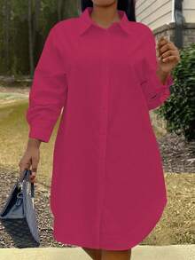 Maweii Đầm dài tay hàng ngày màu trơn cỡ lớn cài nút phía trước - Màu Hồng Tươi - Xem 6