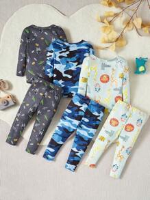 3 件套男婴简约时尚动物、宇航员、迷彩印花长袖 T 恤和紧身裤贴身睡衣套装