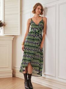 SHEIN Unity Women's Geometric Print V-Neck Slit Hem Elegant Dress - Multicolor - View 4