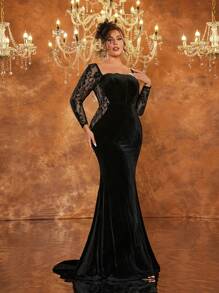 Glamrae Plus Size Black Strapless Corset Contrast Lace Sexy Sheer High Waisted Slim Mermaid Elegant Evening Dress, Formal Prom Gown, For Wedding Guest, Graduation, Dinner - Black - View 4