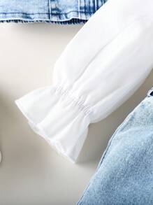 女婴 3 件套：时尚荷叶边牛仔连体裤、白色长袖衬衫、喇叭牛仔裤，适合春秋季节 - 藍色 - 查看 6