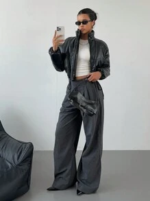 Aloruh 女士纯色前拉链长袖休闲羽绒服，感恩节万圣节女士服装返校节圣诞节黑色外套，冬季嬉皮风外出外套 - 黑色 - 查看 2