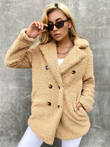 Eilly Bazar Double Button Teddy Coat - Camel - View 7