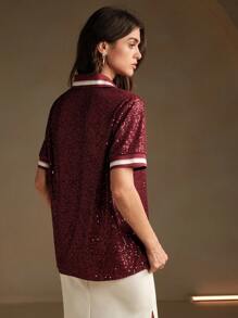 Anewsta Áo thun họa tiết thời trang tay ngắn màu khối cài nút phía trước cho nữ - Màu Đỏ Sâu - Xem 2