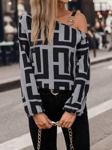 SHEIN LUNE Áo sơ mi dài tay cổ bất đối xứng in họa tiết toàn thân thanh lịch và thời trang một bên vai - Xám - Xem 5