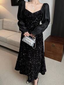 DAZY 女士亮片网纱撞色连衣裙 舞会礼服 派对礼服 返校节礼服 秋冬奢华新年礼服 嘉年华闪亮礼服 - 黑色 - 查看 8