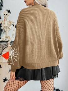 SHEIN Unity 女士蜘蛛网图案休闲宽松开衫 - 卡其色 - 查看 2