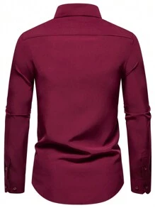 Calvornis 男士纯色前扣长袖休闲上衣，秋季 - 酒紅色 - 查看 2