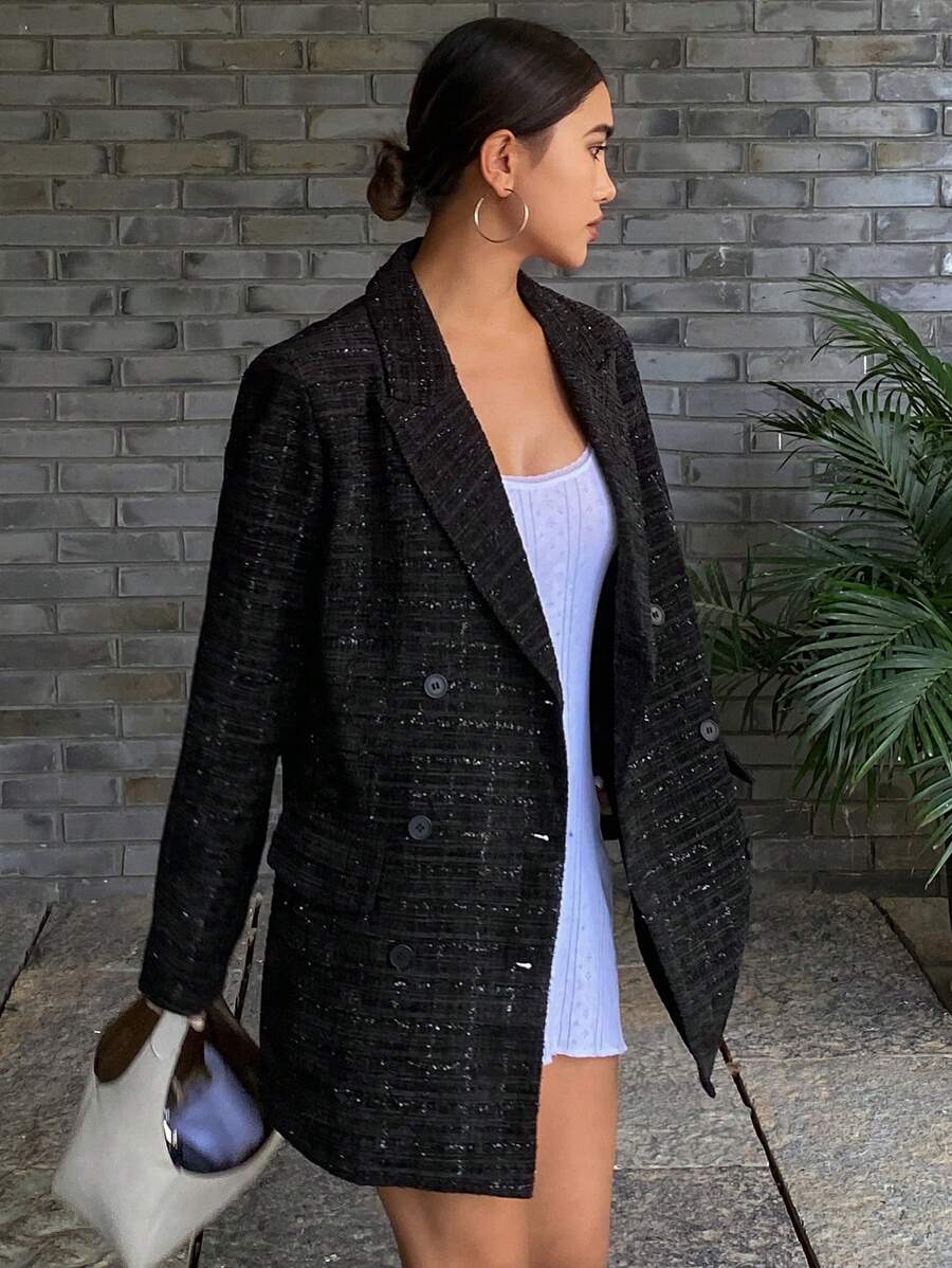 DAZY 纯色宽松长袖宽翻领口袋女士休闲西装外套，秋季女装商务装