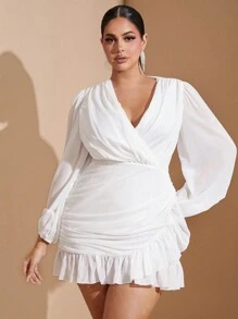 SHEIN BAE Curve Plus Size Twist Front Mesh Panel Split Hem Dress Chiffon Pleated Deep V-Neck Wrap-Style Ruffle Hem Lantern Sleeve Mini Dress, Suitable For Sweet Dates And Daily Outings.Graduation Dress - White - View 6