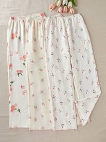 CottageSlumber 3条装女士泡泡褶皱印花睡裤，秋冬服装 - 杏色 - 查看 3