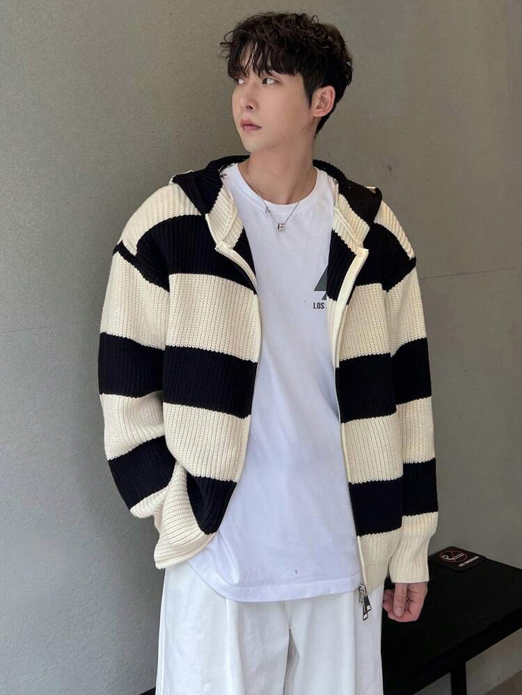 Men's Casual Striped Zip Front Loose Cardigan For Daily Wear, Autumn Jacket