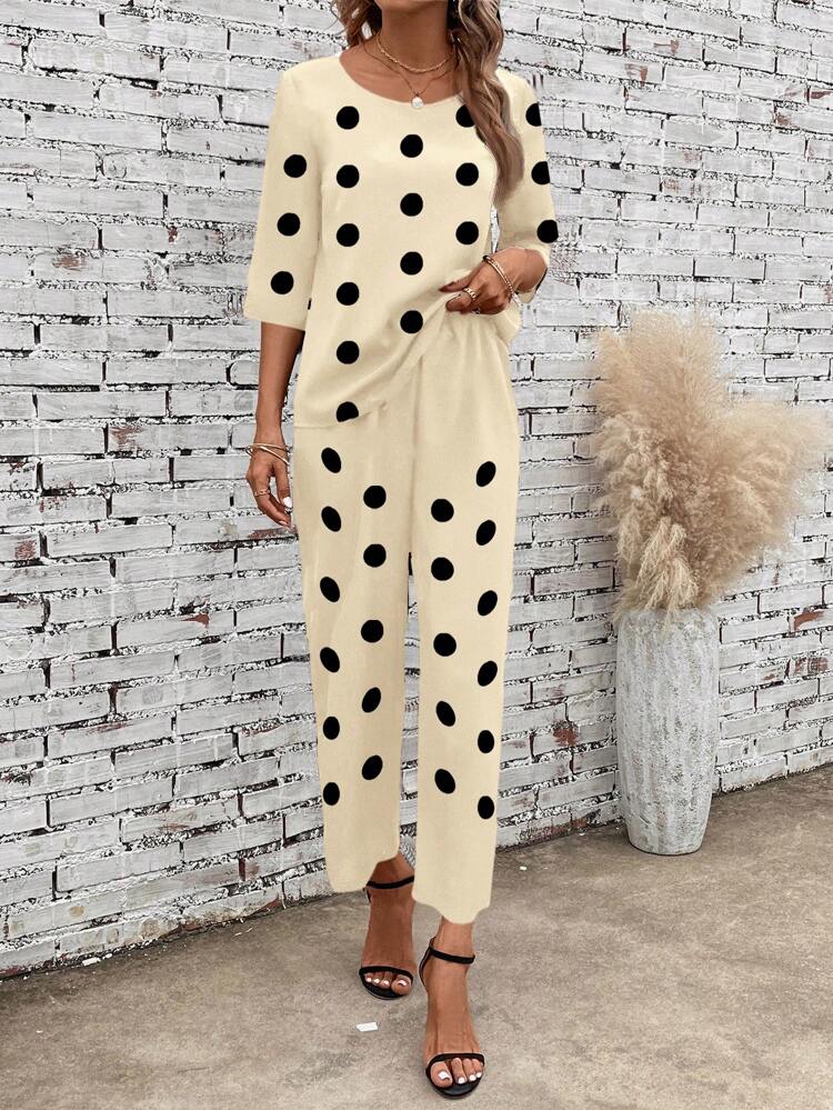 2pcs Women's Casual Round Neck Polka Dot Allover Print Blouse And Pants Set