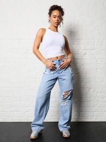 SUMWON WOMEN Distressed Baggy Mom Denim Jeans With Number Graphic Print - Blue - View 4