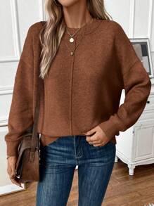 EMERY ROSE Women Plain Round Neck Long Sleeve Casual Sweater, Minimalist For Daily Wear Knit Pullover Fall Winter - Coffee Brown - View 6