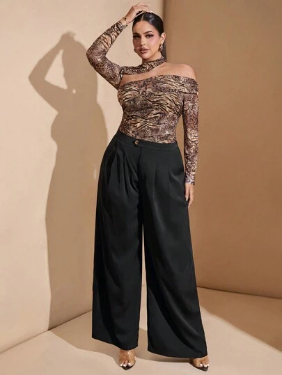 SHEIN BAE 大码秋季1件套优雅商务通勤女装黑色不对称腰部纽扣装饰宽松阔腿裤日常通勤装正装裤子