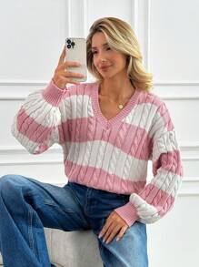 SHEIN Cottnline Women'S Striped Color Block Drop Shoulder Sweater - Baby Pink - View 7