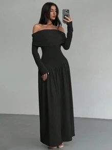 Aloruh New Apricot Off Shoulder Cinched Waist High-Stretch Slimming A-Line Dress, Versatile Long Sleeve Autumn/Winter Wear