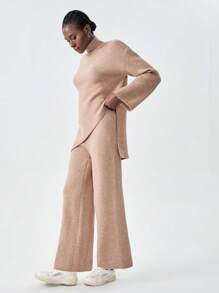 Chiquease Set de 2 piezas de pantalones rectos con bajo asimétrico y suéter para mujer, apto para otoño/invierno - Caqui - Ver 3